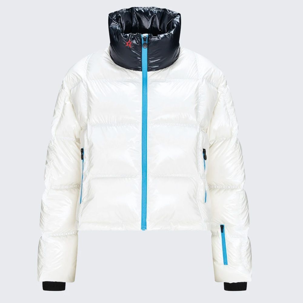 Perfect Moment White Ski Puffer Jacket with Black Collar and Blue Zippers